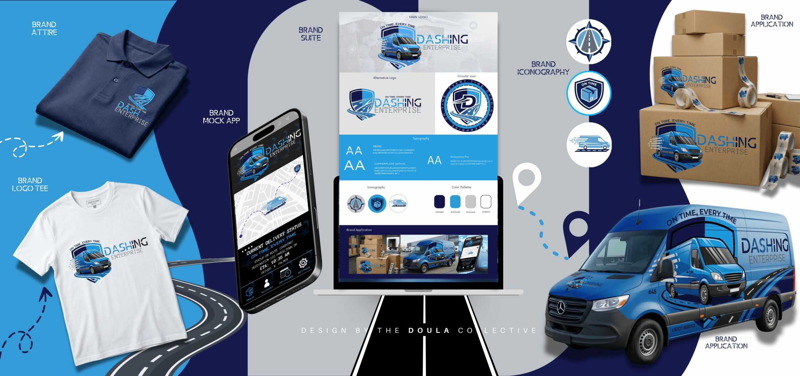 Collection of delivery items including shirts, a smartphone, a website, and a delivery van, all related to a courier service.