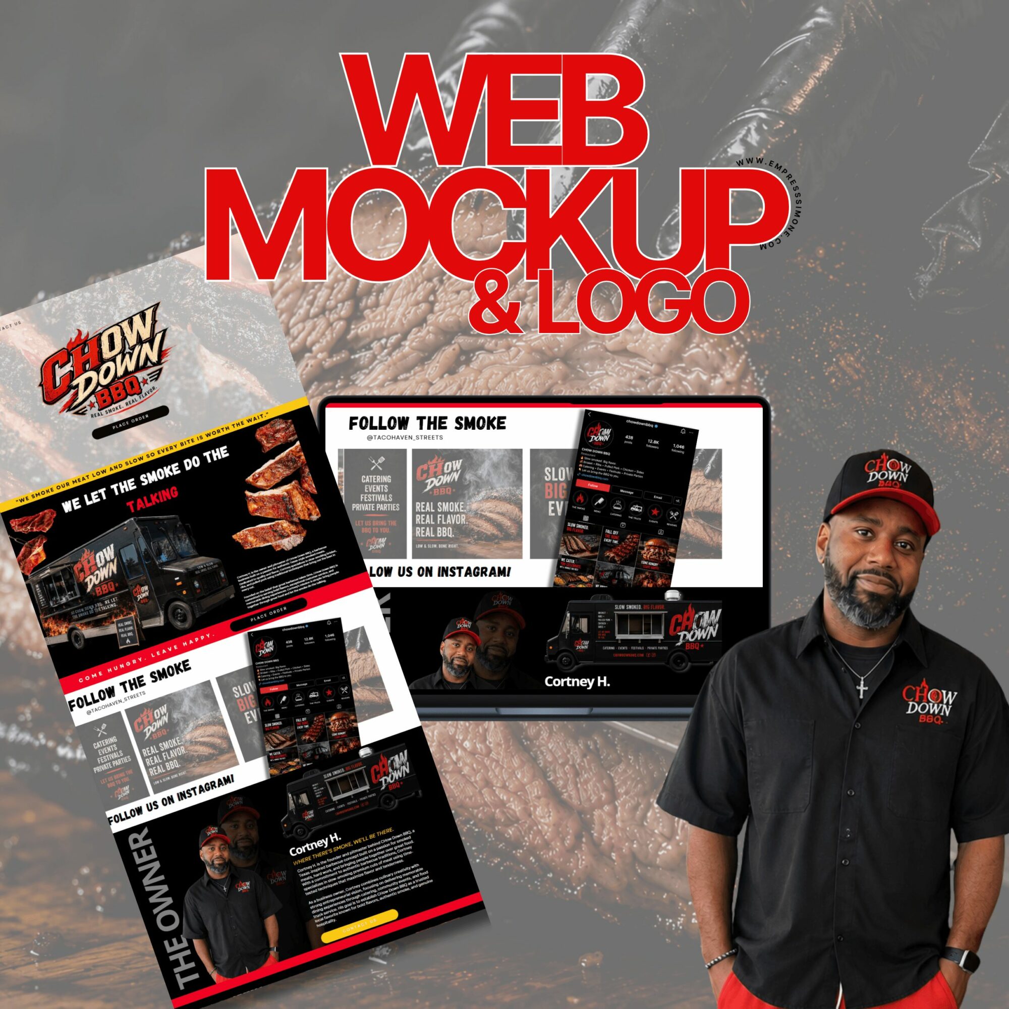 Mockup of a website and logo for a barbecue restaurant, with a man in a black shirt and cap standing beside it.