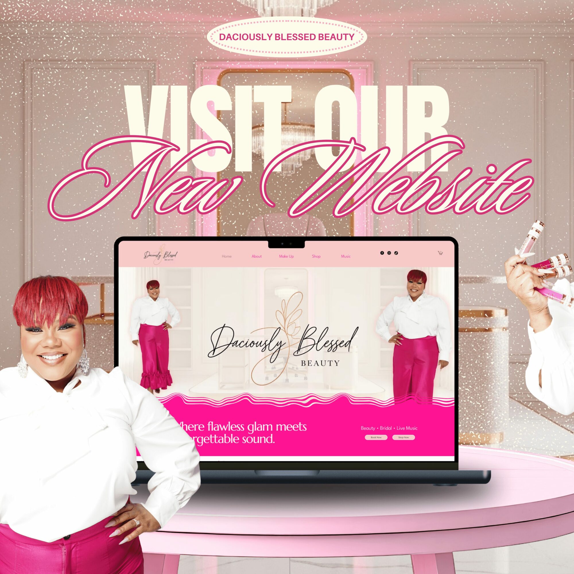 Promotional image for a new website featuring three women in white and pink outfits, a laptop displaying the site, and pink background.