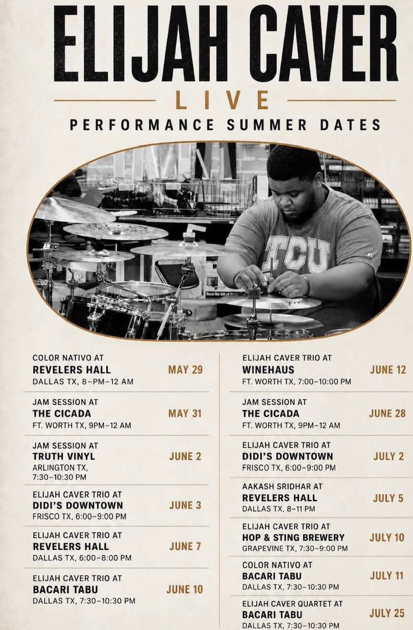 Black and white concert poster featuring Elijah Caver, performance dates, and event details.