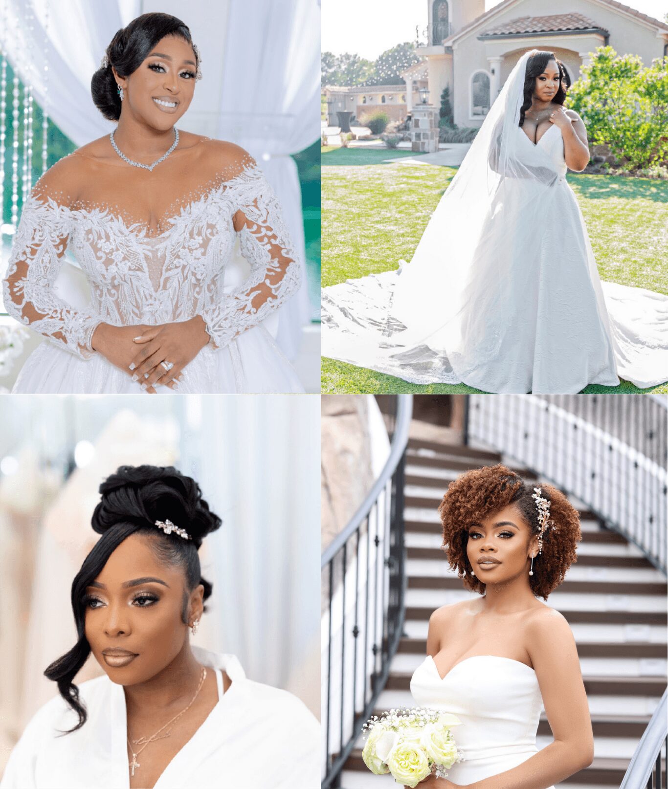 Four women in wedding dresses, two outdoors and two indoors, with different hairstyles and backgrounds.