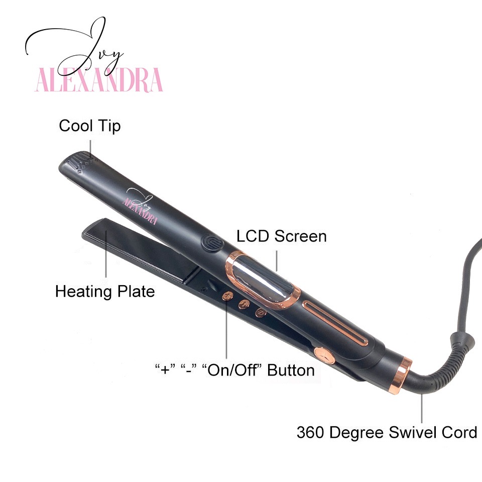 Flat curling iron with LCD screen, heating plate, on/off button, and 360-degree swivel cord, labeled with features.