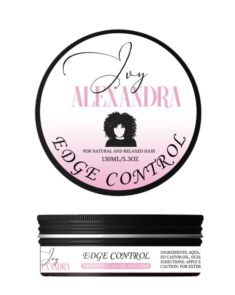 Circular label with black border, pink and black text, and a silhouette of a person with curly hair, for hair control product.