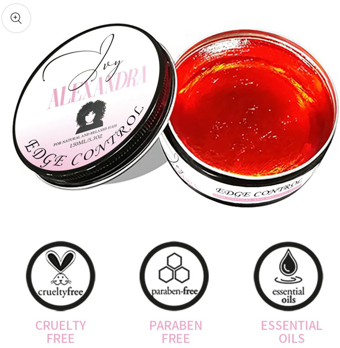 Open container of red lip gloss with a black and white lid, labeled 'Edge Control' and 'Joy Alexander'.