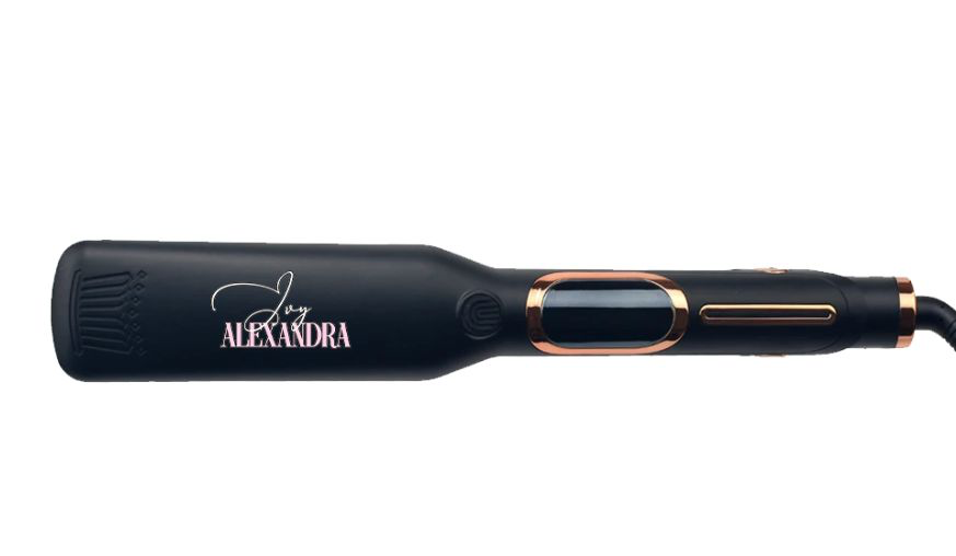 Black curling iron with gold accents and personalized text, horizontal orientation, isolated on white background.