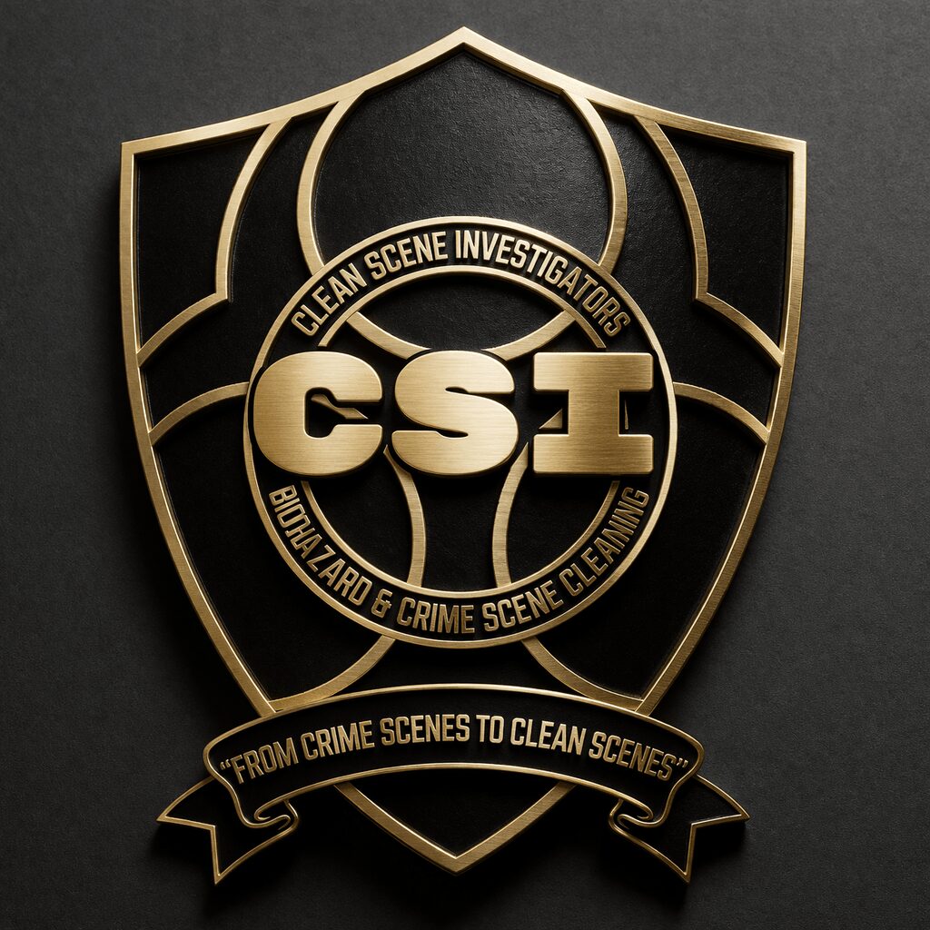 Gold-colored shield emblem with 'CSI' and text about crime scene investigation and cleaning, on a dark background.