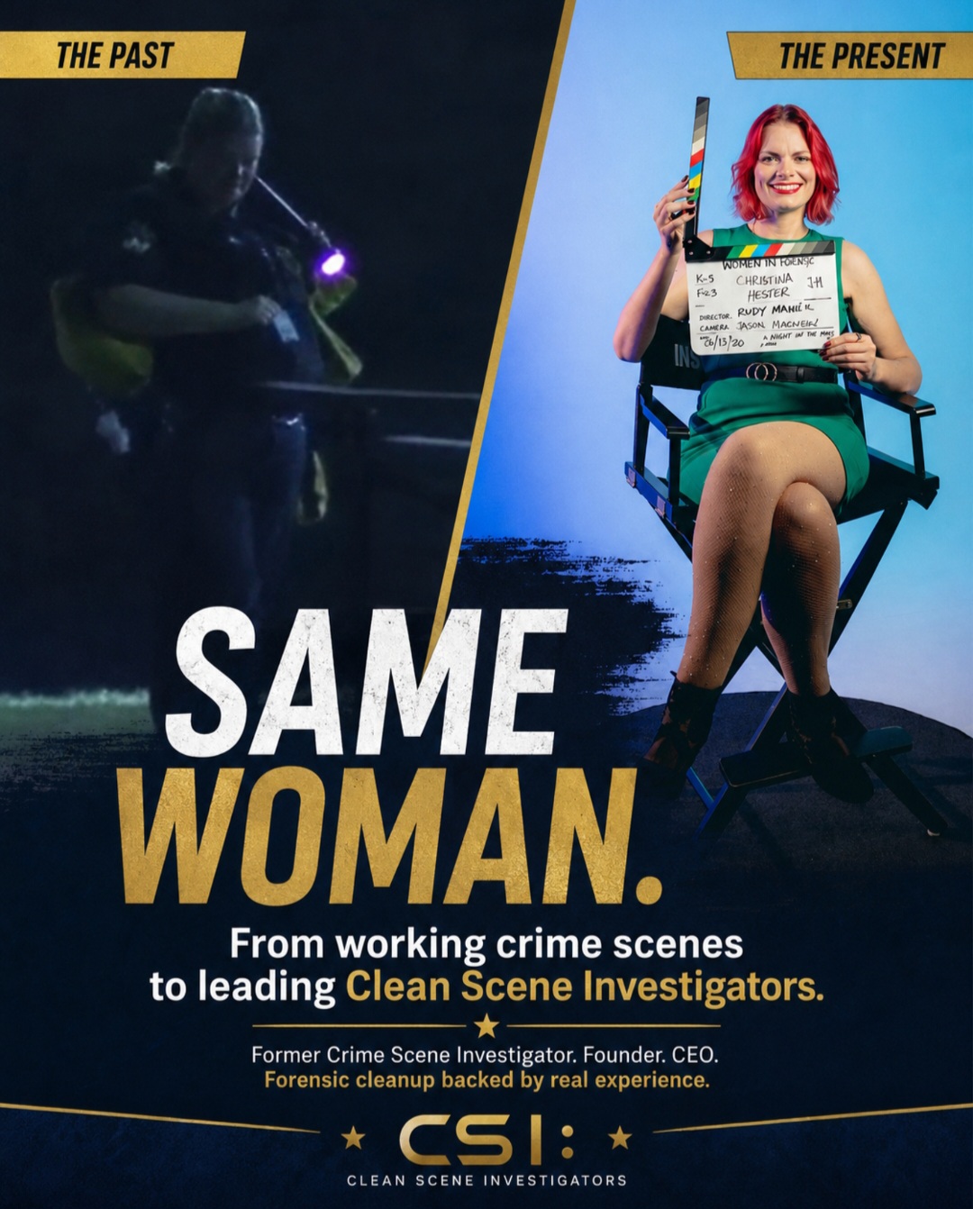 Comparison of two women: one in dark scene labeled 'The Past,' and one smiling in bright scene labeled 'The Present,' holding a clapperboard.