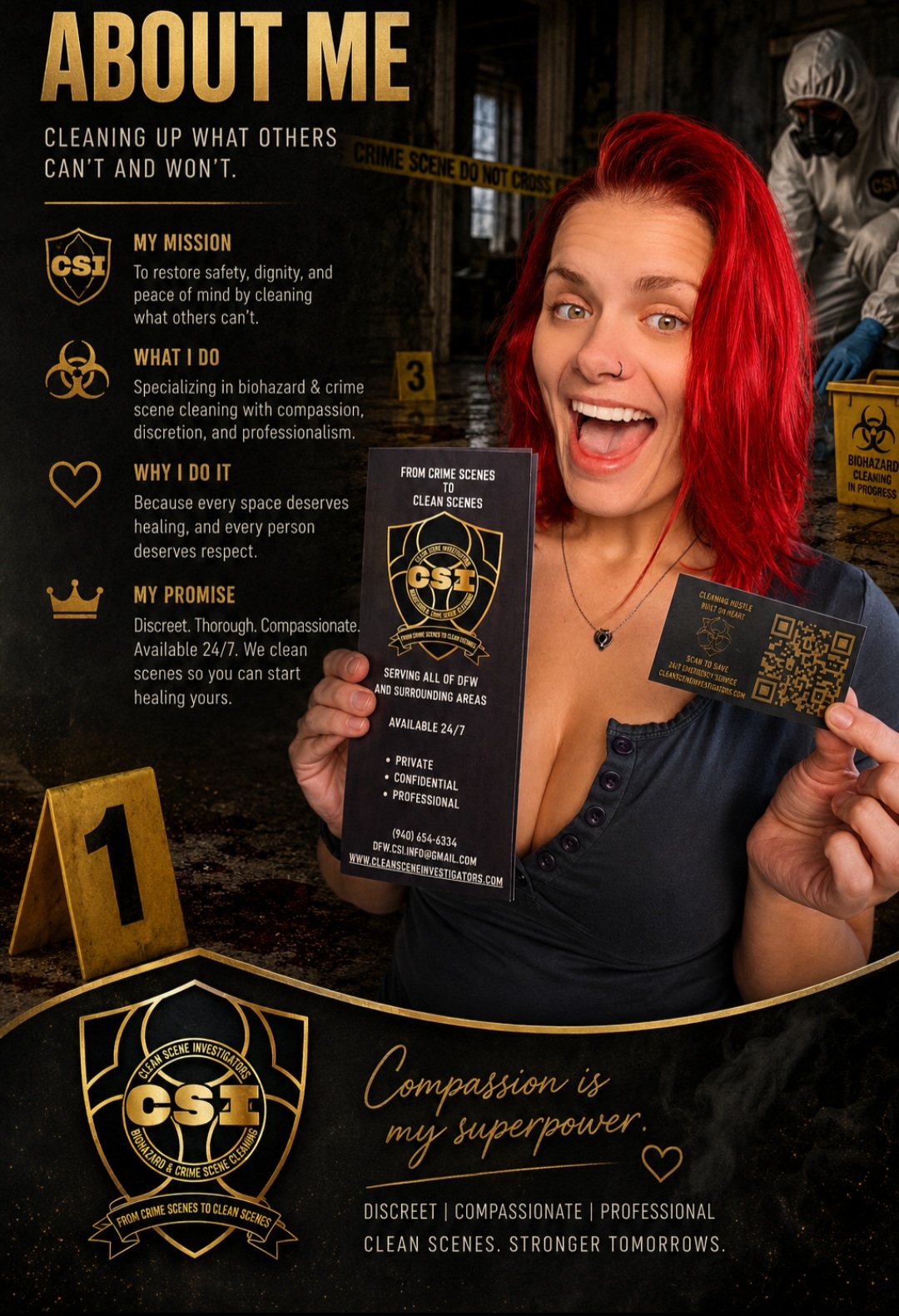Woman with red hair holding a certificate and a card, standing in front of a poster with text about personal growth and values.