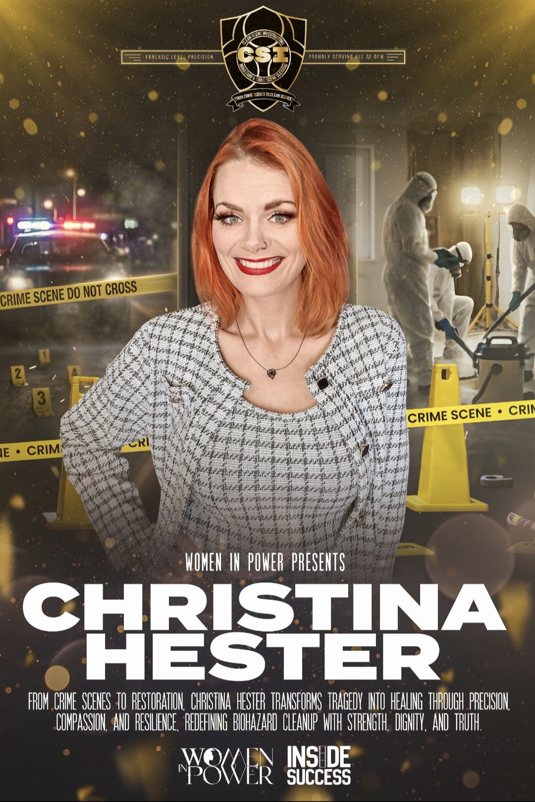 Woman with red hair smiling in front of a crime scene with police tape and forensic investigators, text overlay about Christina and poker.