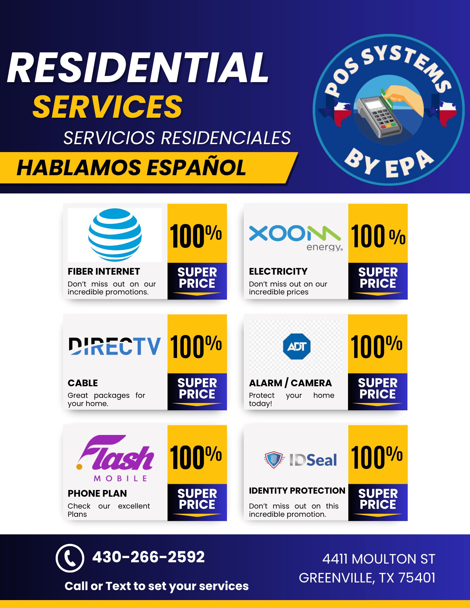 Advertisement for residential services with logos for fiber internet, energy, cable, alarm, phone, and identity protection, and contact info.
