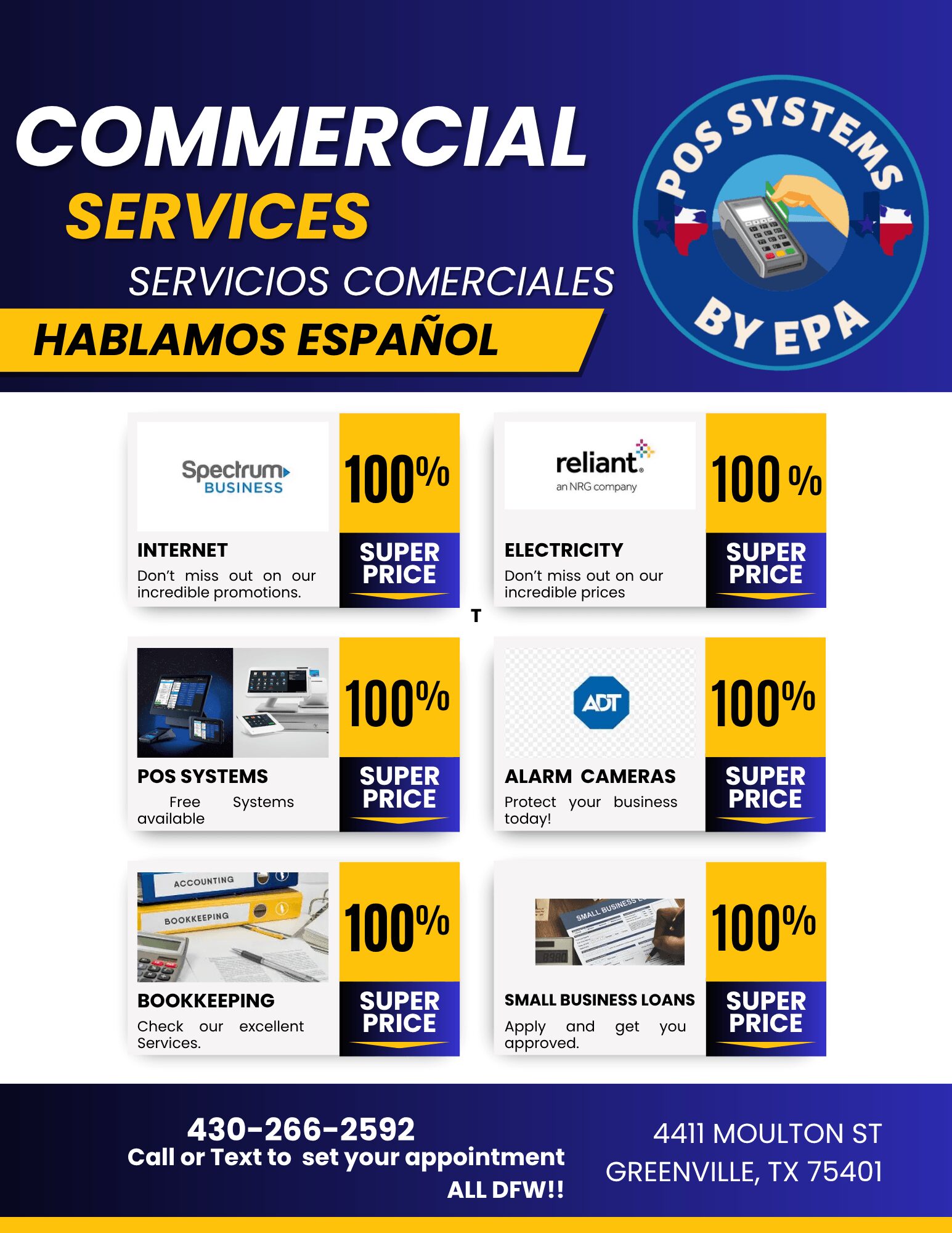 Advertisement for commercial services in Spanish, including internet, electricity, POS systems, alarm cameras, bookkeeping, and small business support, with contact info.