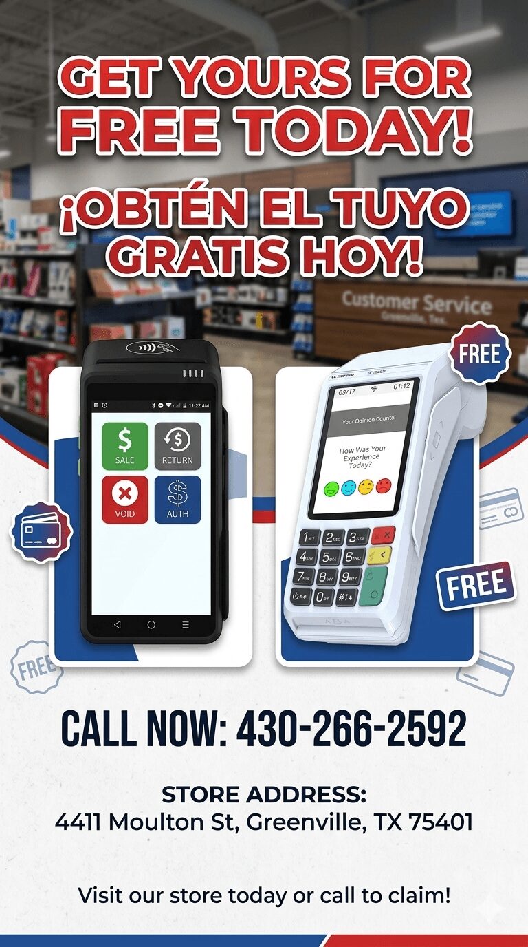 Promotional flyer offering free phones with store contact and address, featuring images of two mobile devices and store branding.