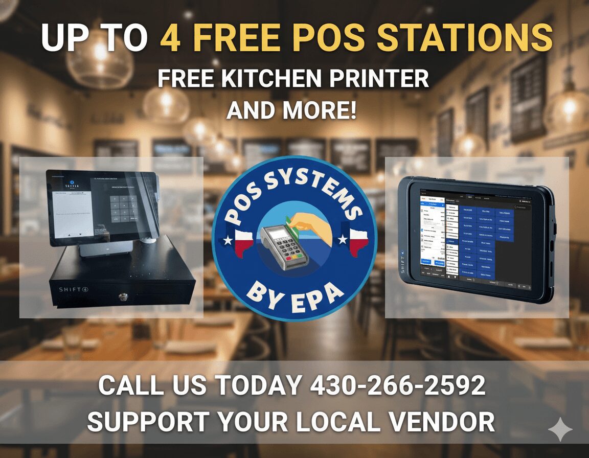 Advertisement for free POS stations, kitchen printer, and support, with contact number and POS systems logo.