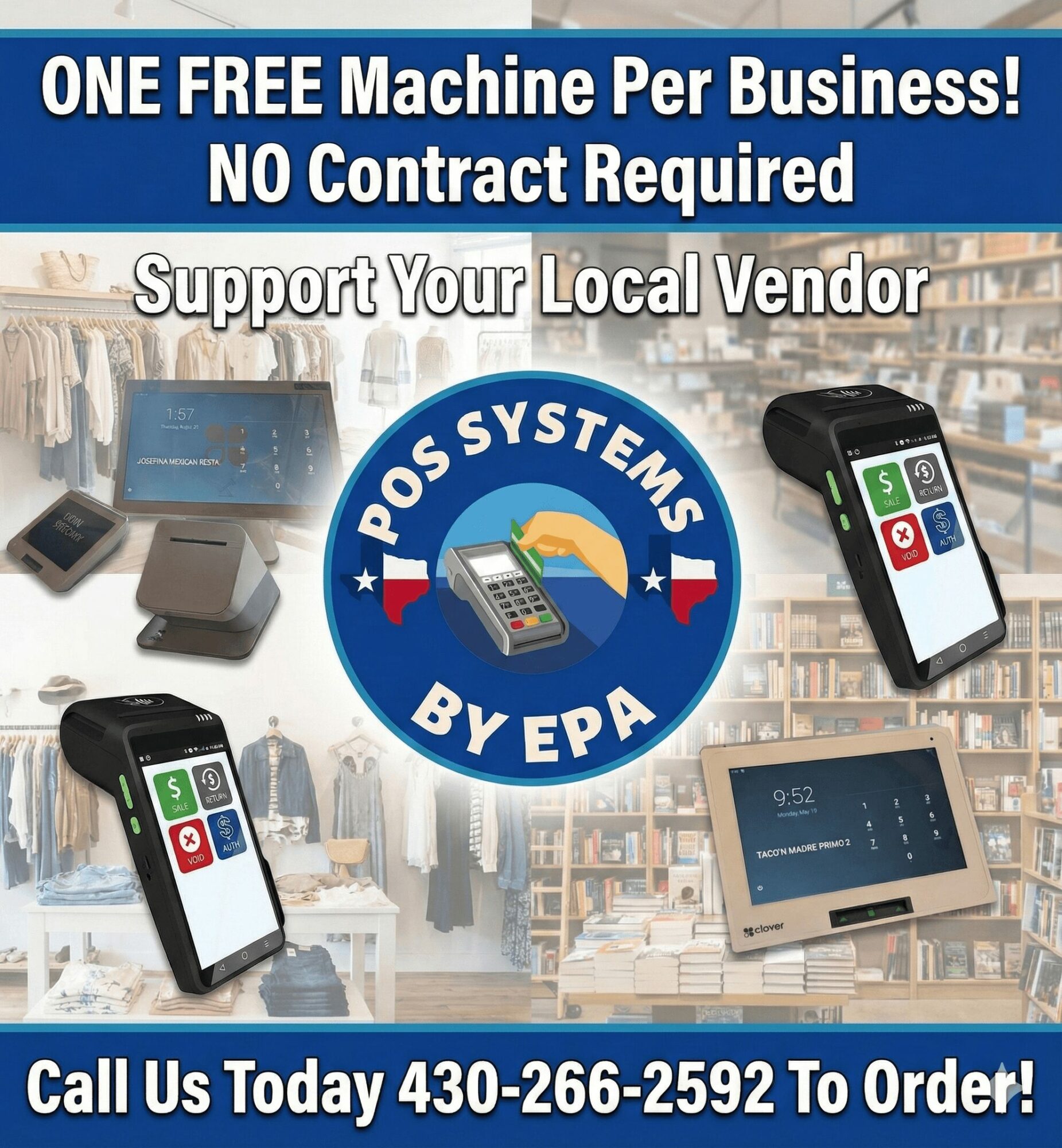 Advertisement for free POS systems by EPA, showing mobile devices and a tablet in a store, with contact number. Word count: 20