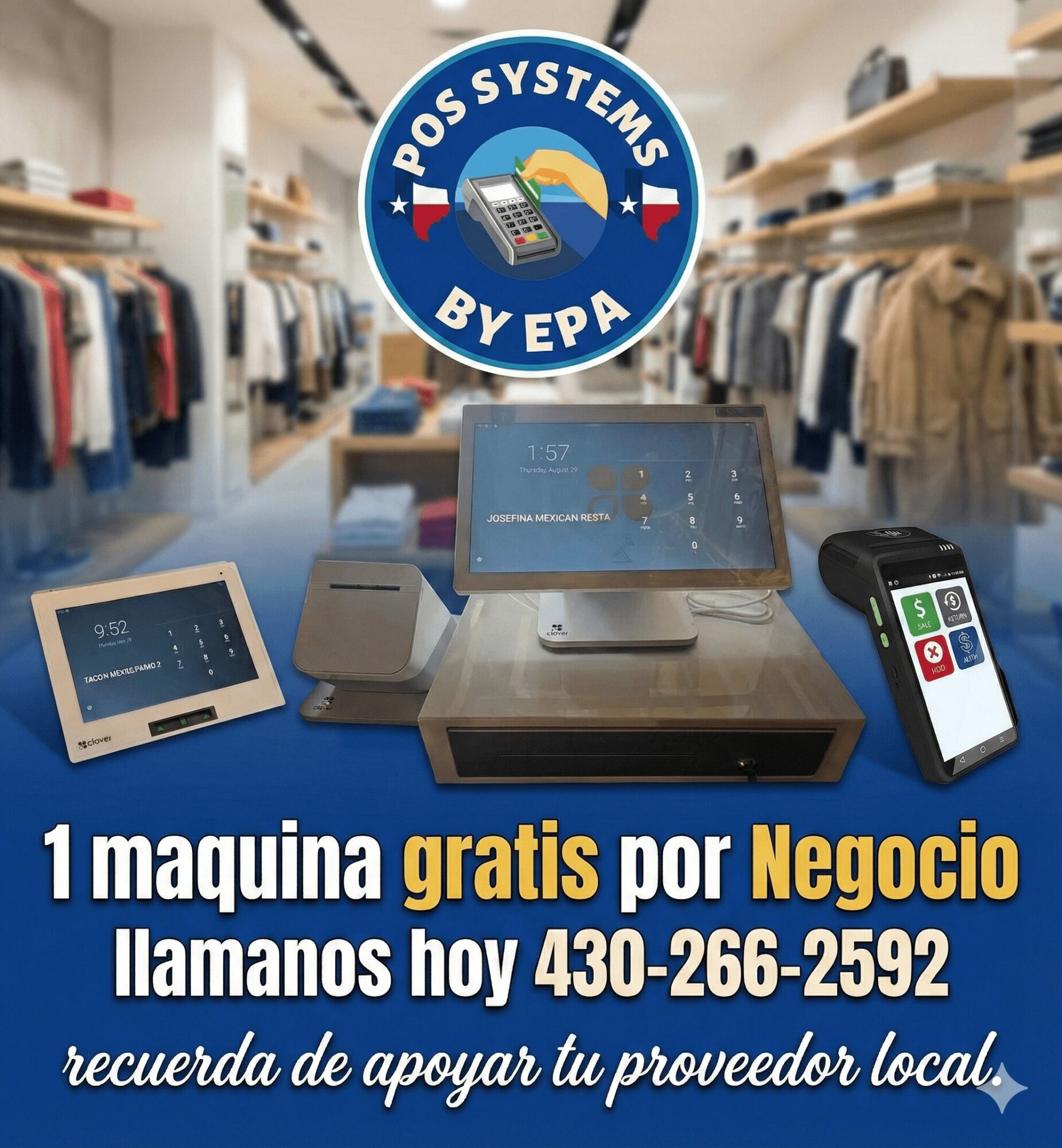 Cash register and payment devices in a retail store with promotional text and logo above.