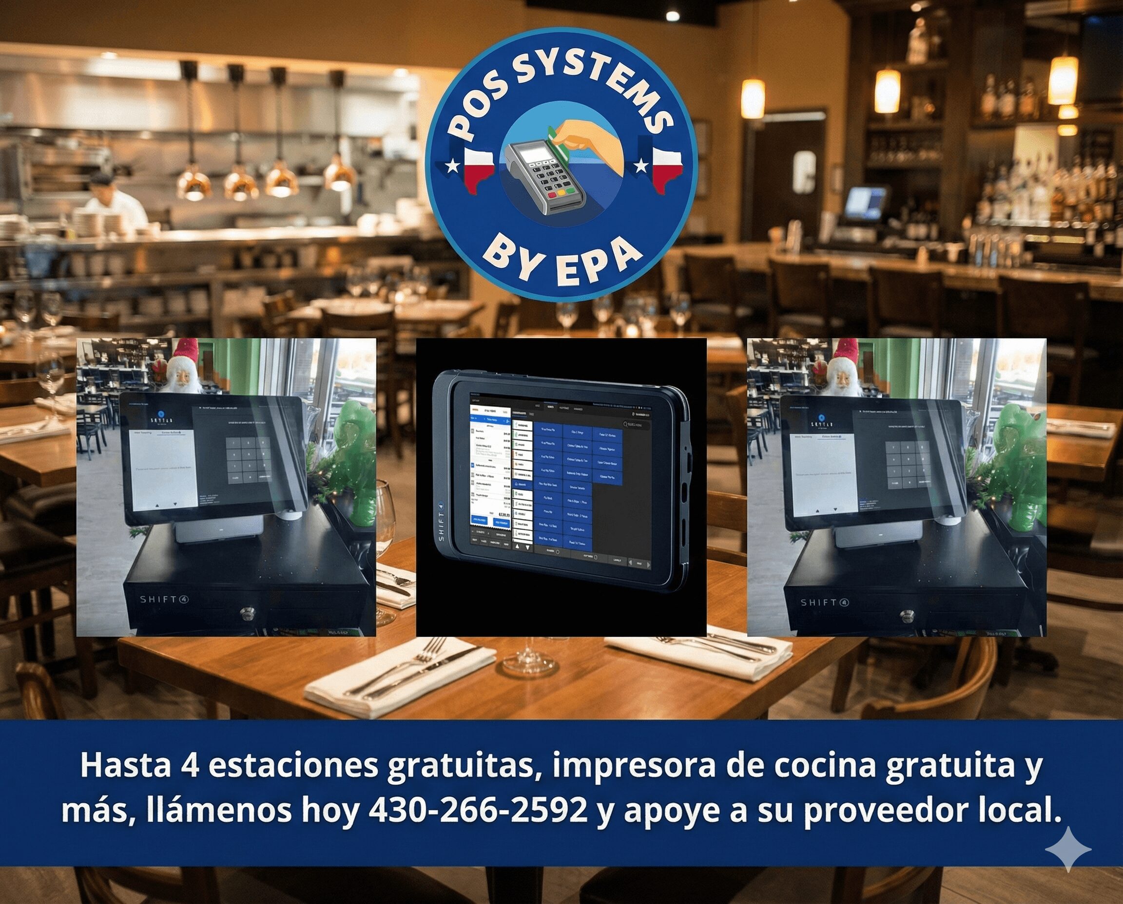 Restaurant interior with POS system screens and a promotional banner in Spanish, showing contact information and free services.