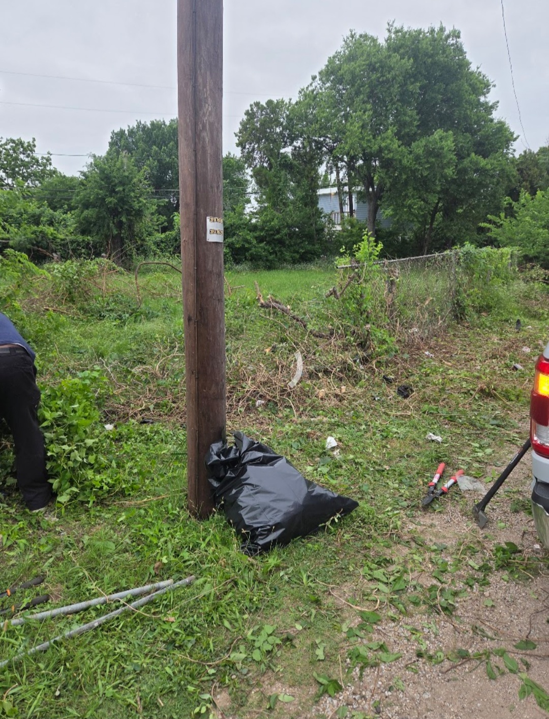 A utility pole with a bag at its base, surrounded by grass and trees, with a vehicle partially visible on the right.