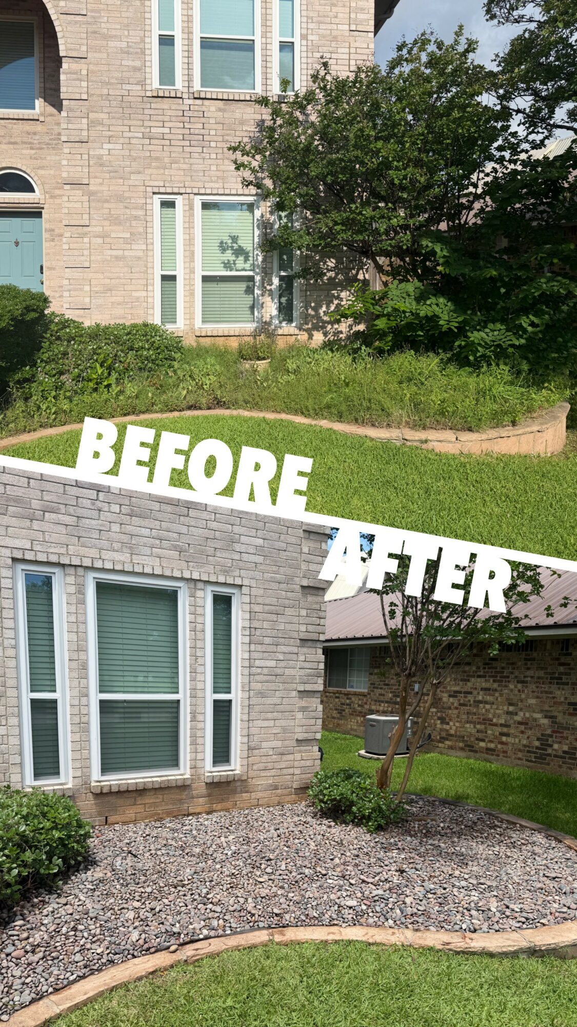 Comparison of a house exterior before and after landscaping, showing changes in yard and plant arrangement.