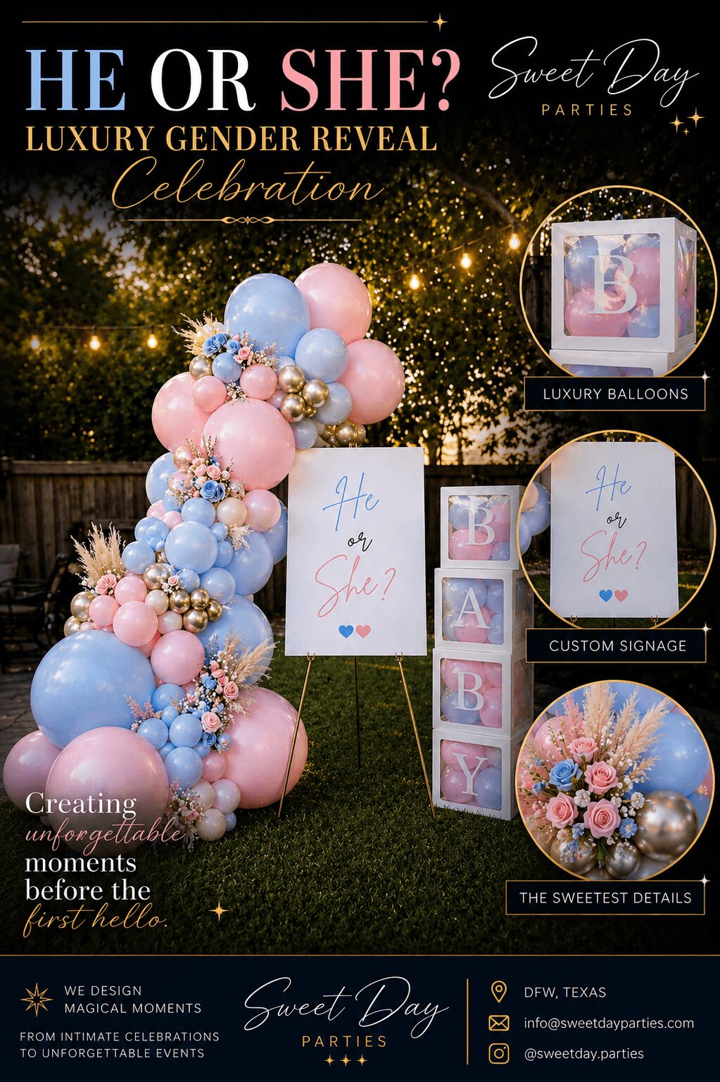 Event poster with pink and blue balloons, signs, and gold glitter background for a gender reveal celebration.