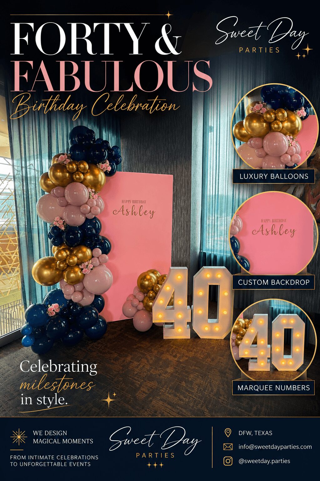 Decorative birthday celebration setup with balloons, marquee numbers, and a pink backdrop for a 40th birthday party.