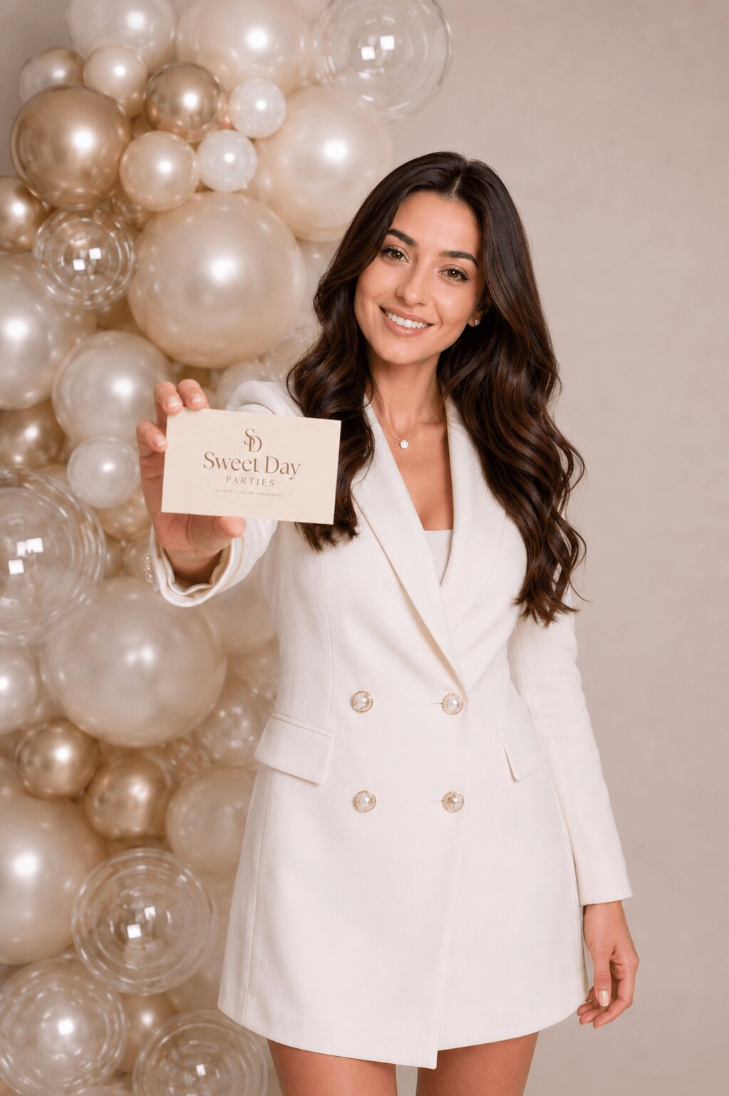 Woman in white blazer holding a card, standing in front of a balloon display, smiling. Word on card: 'Sweet Day'.