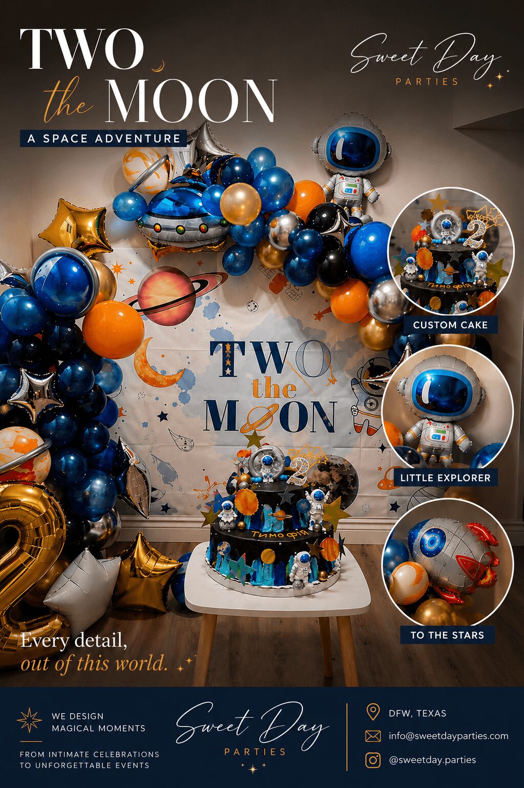 Decorative space-themed birthday party setup with balloons, cake, and space-themed decorations, including planets and stars, on a table.