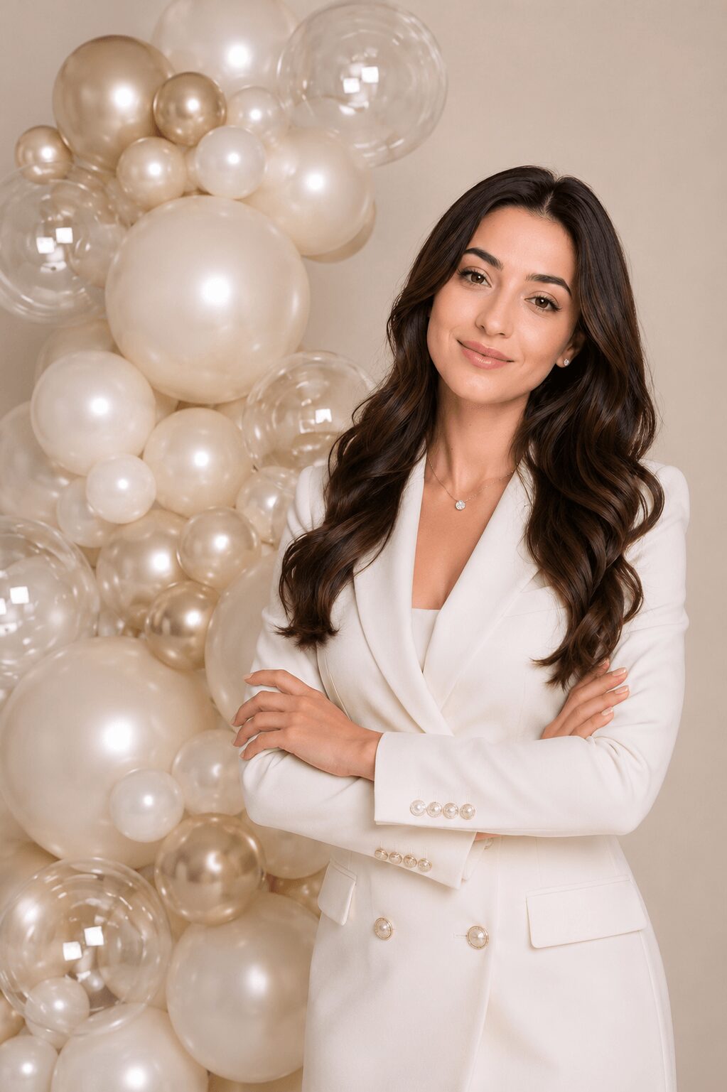 Woman with long wavy hair in a white blazer standing next to a cluster of gold and clear balloons, smiling softly.