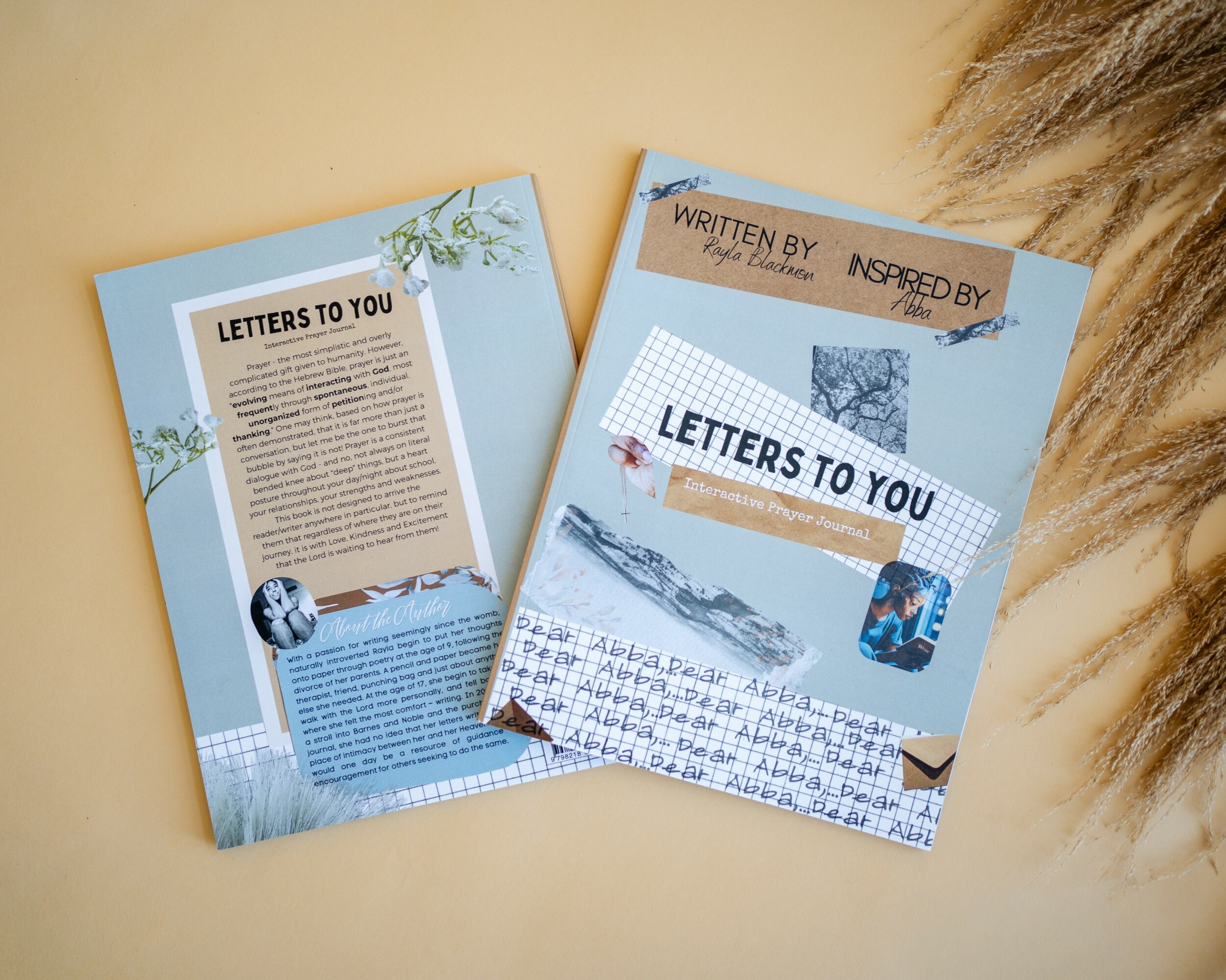 Two letter-sized papers with handwritten and printed text, images of landscapes, and decorative elements on a beige surface.