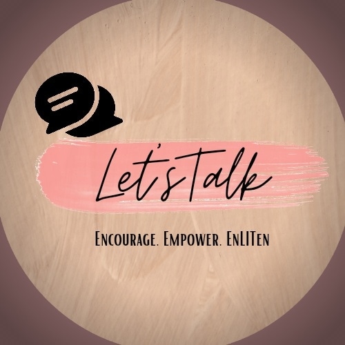 Circular design with a speech bubble icon, pink brushstroke background, and text encouraging talking and empowerment.