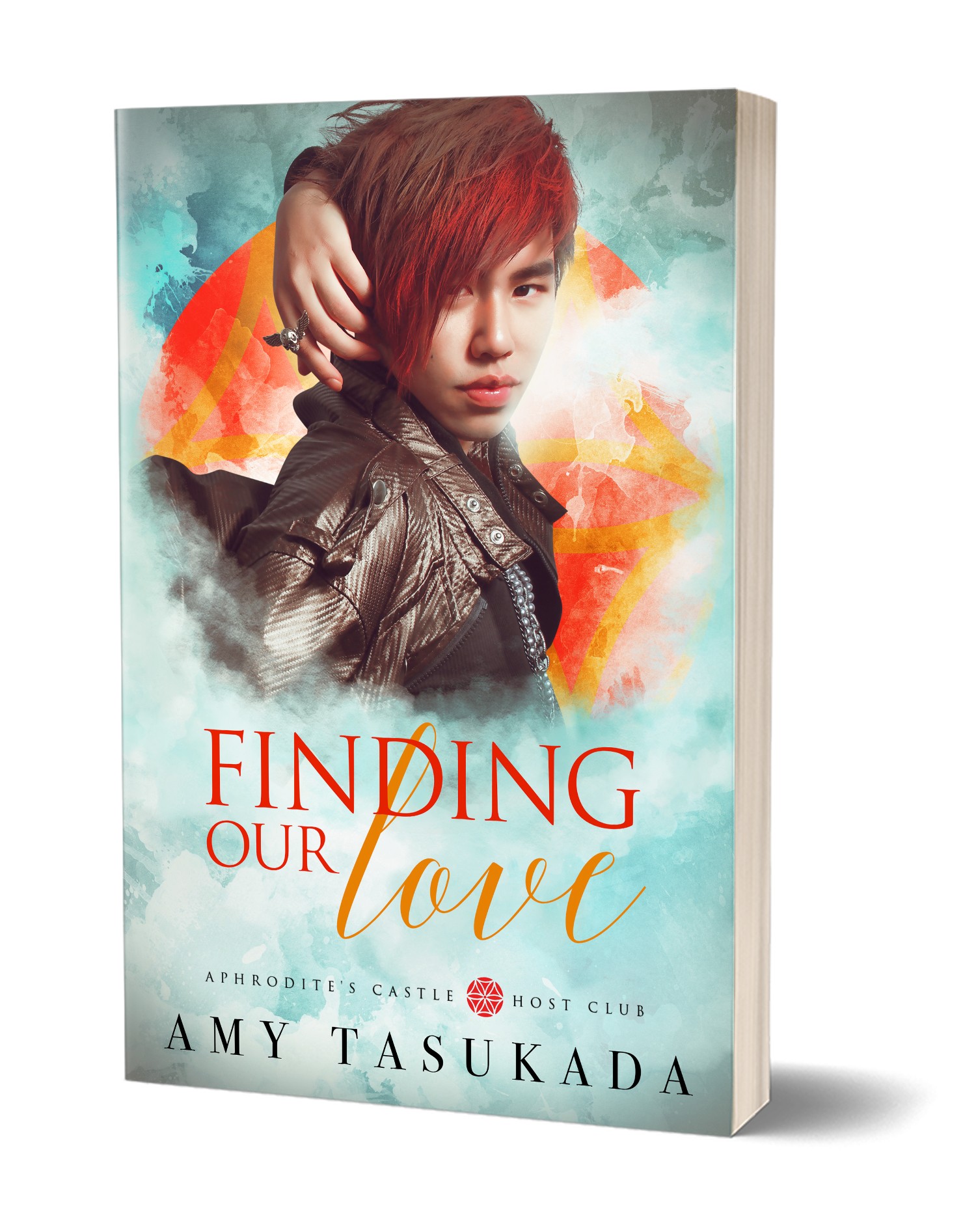 Book cover featuring a person with red hair, wearing a leather jacket, with colorful background and title 'Finding Our Love'.