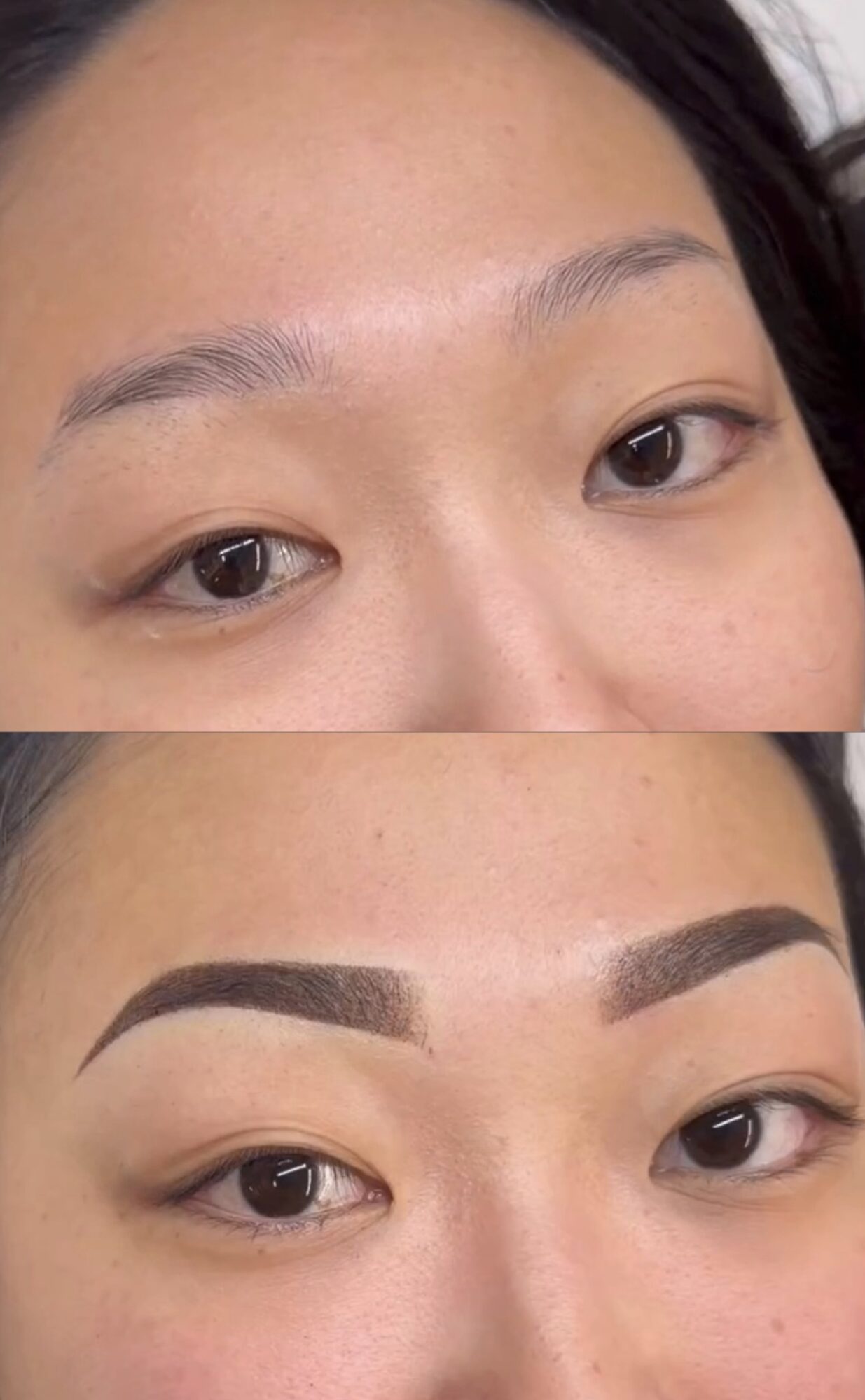 Close-up of a person's face showing before and after eyebrow makeup application, with natural and filled-in eyebrows.