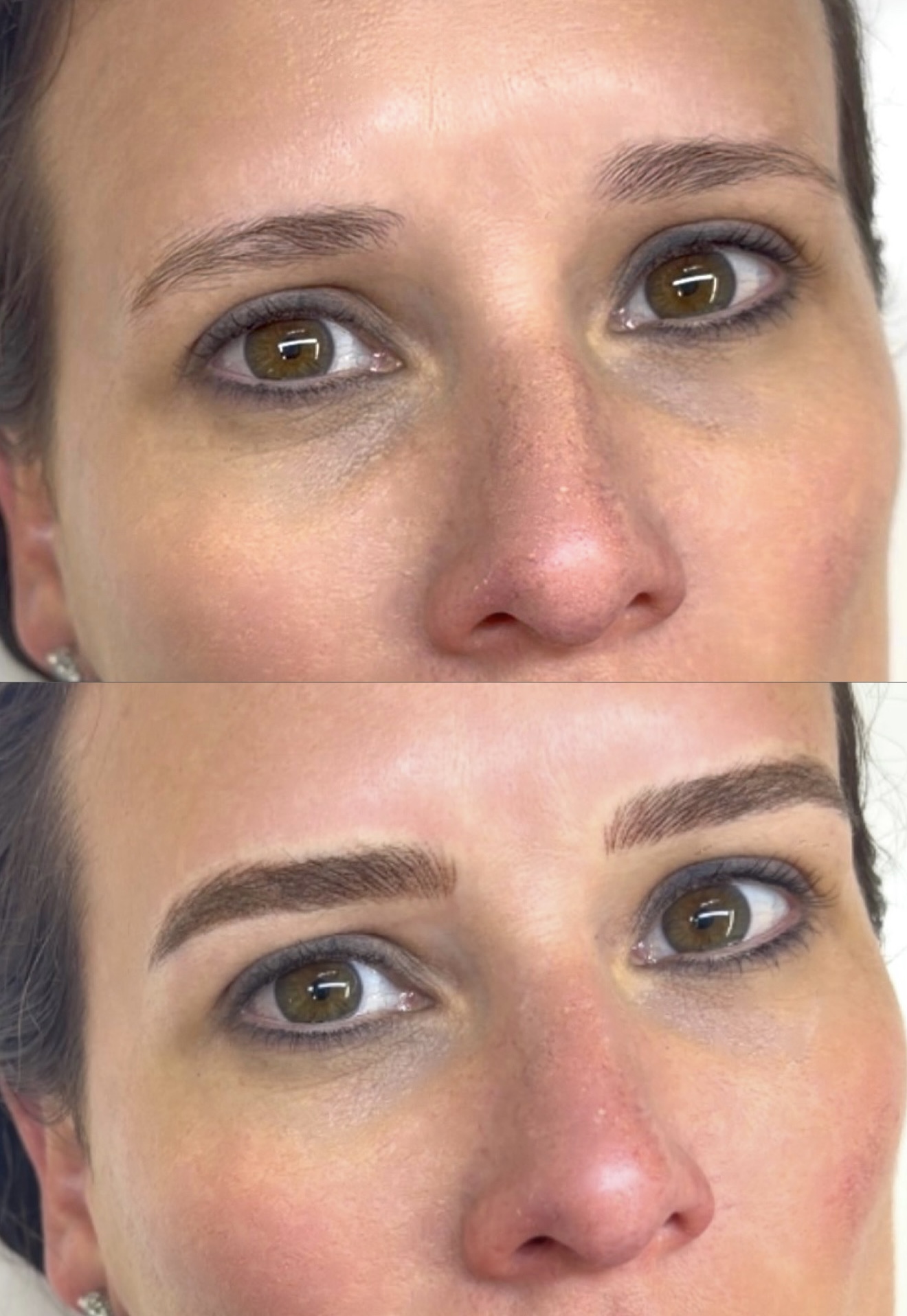 Close-up of a woman's face with makeup, showing before and after eyebrow enhancement, focusing on eyes and eyebrows.