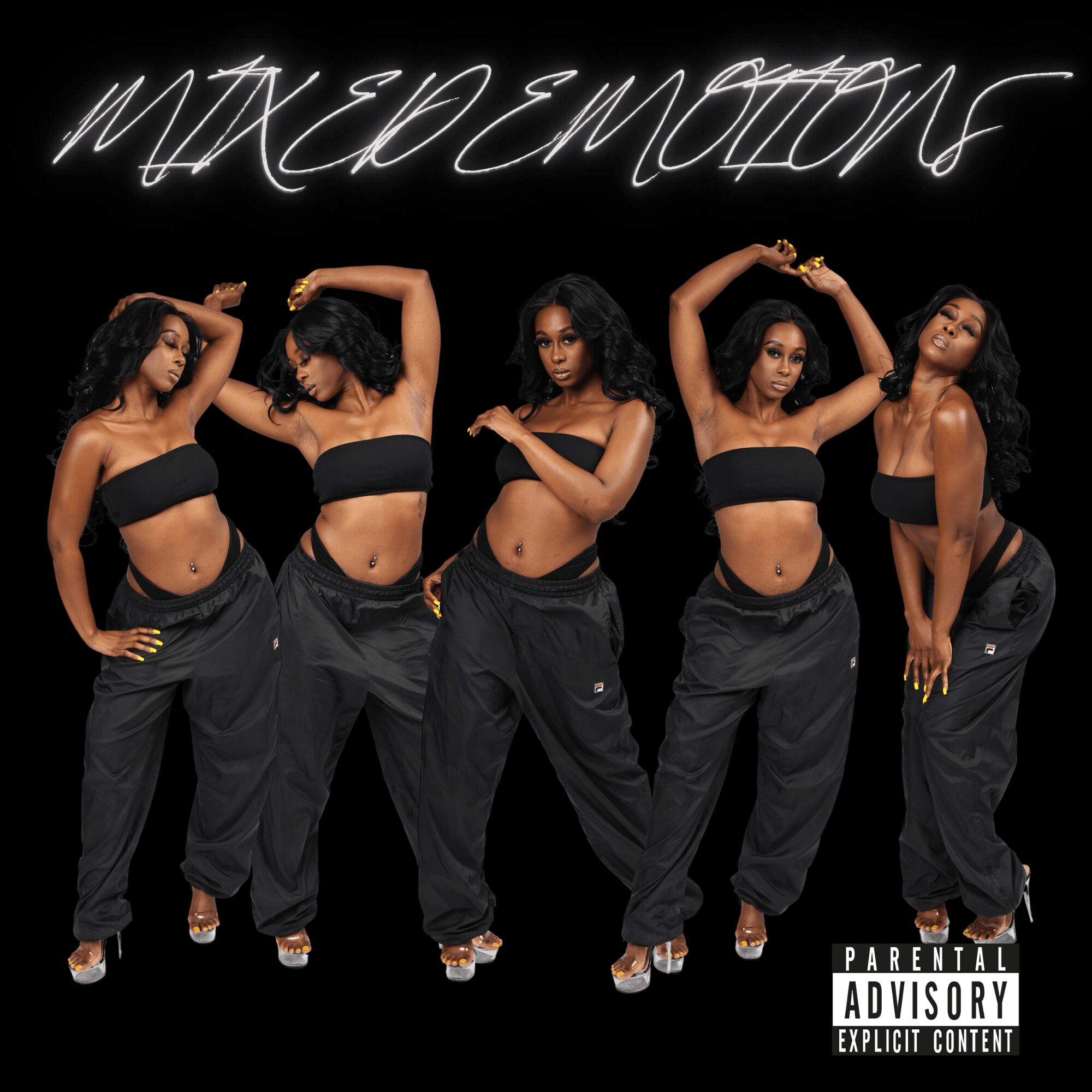 Five women in black crop tops and black pants pose with arms raised against a black background, with neon text above them.
