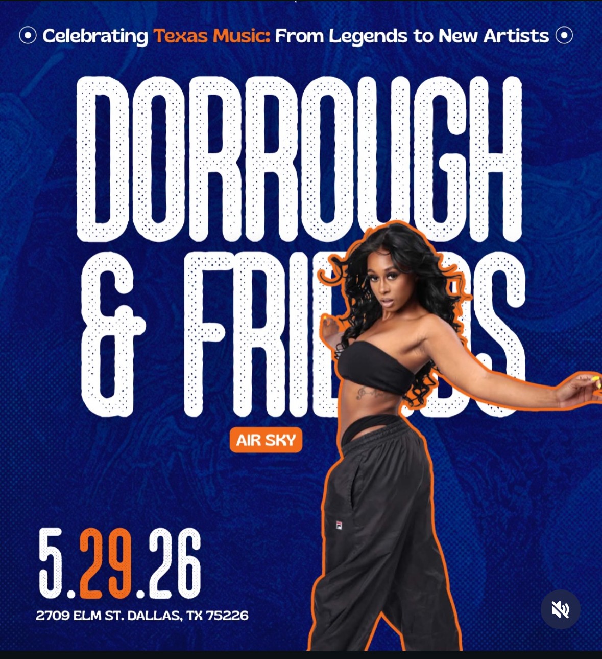 A young woman with curly hair in a black crop top and pants poses against a blue background with event details.