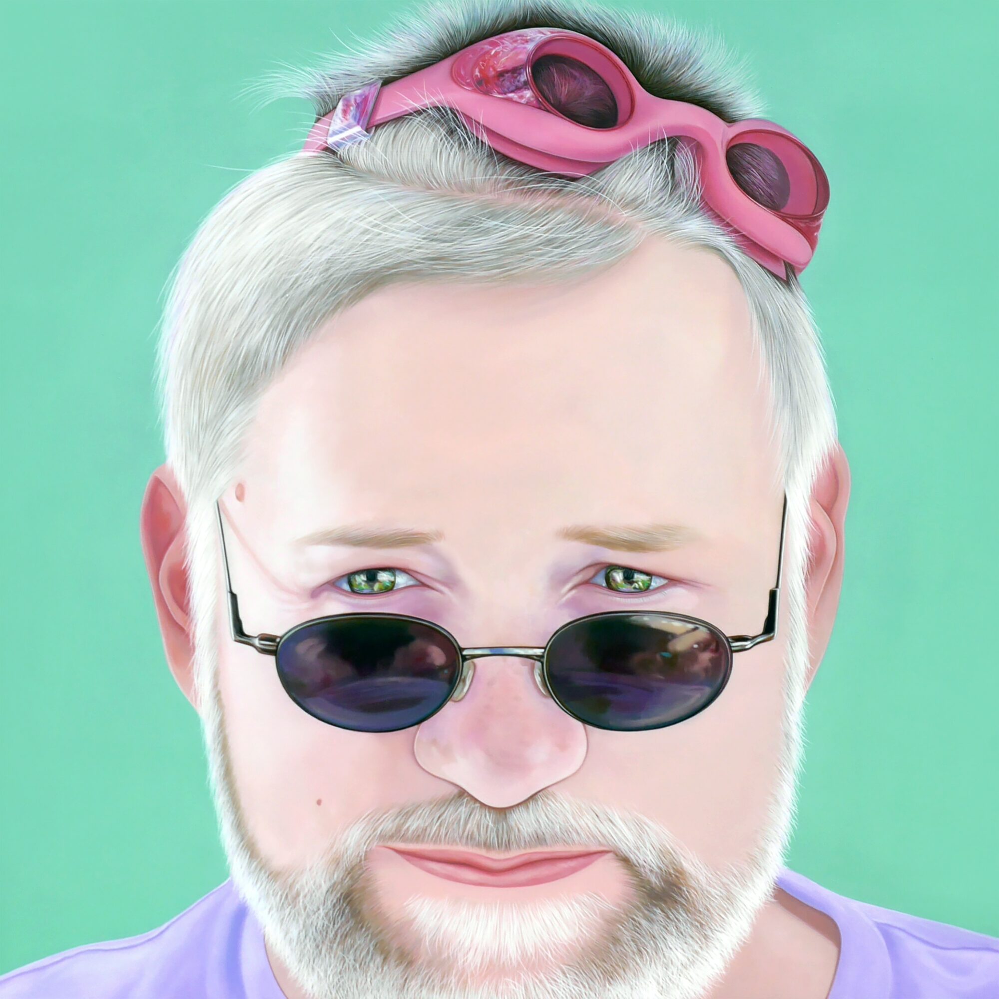 Person with gray hair and beard wearing sunglasses and pink goggles, against a green background.