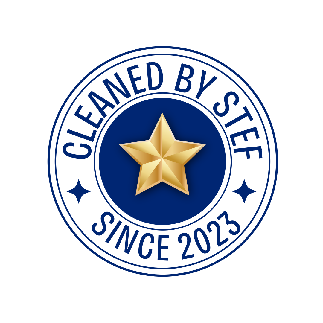 Badge with a gold star in the center, blue background, and text 'Cleaned by Stef Since 2023' in a circular pattern.