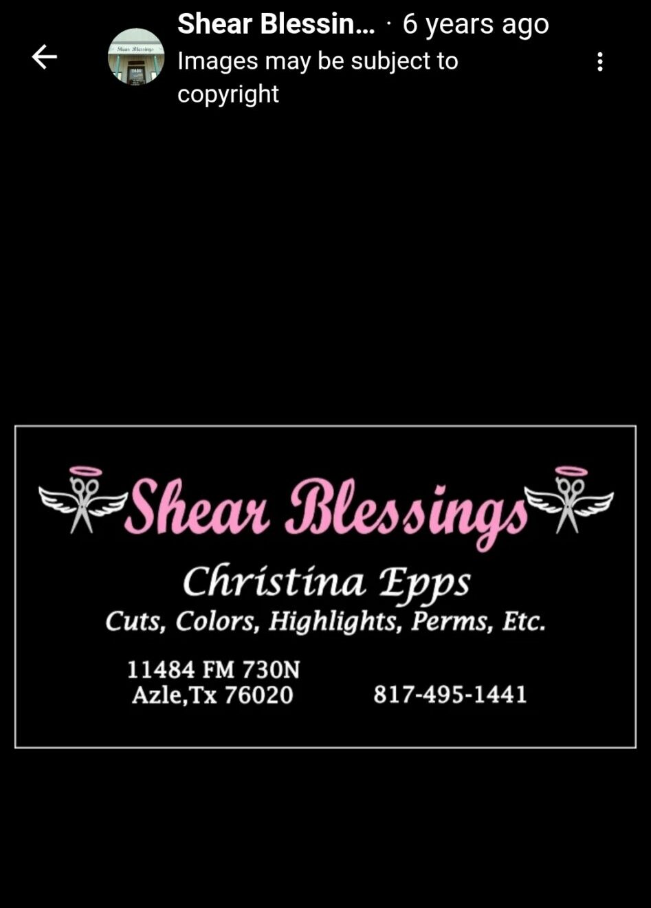Business card with pink and white text, includes name, address, phone number, and decorative elements.