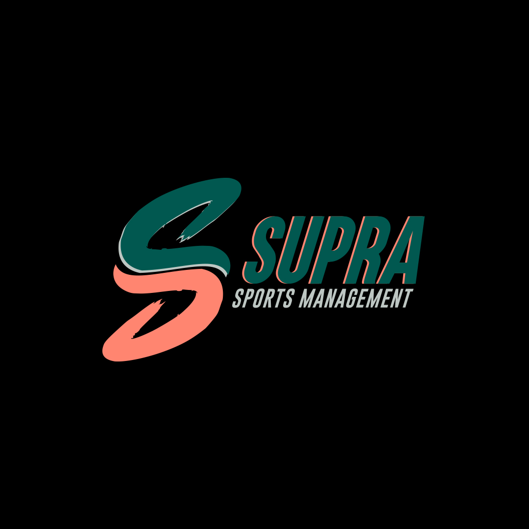 Logo with stylized S and text 'SUPRA SPORTS MANAGEMENT' on black background.
