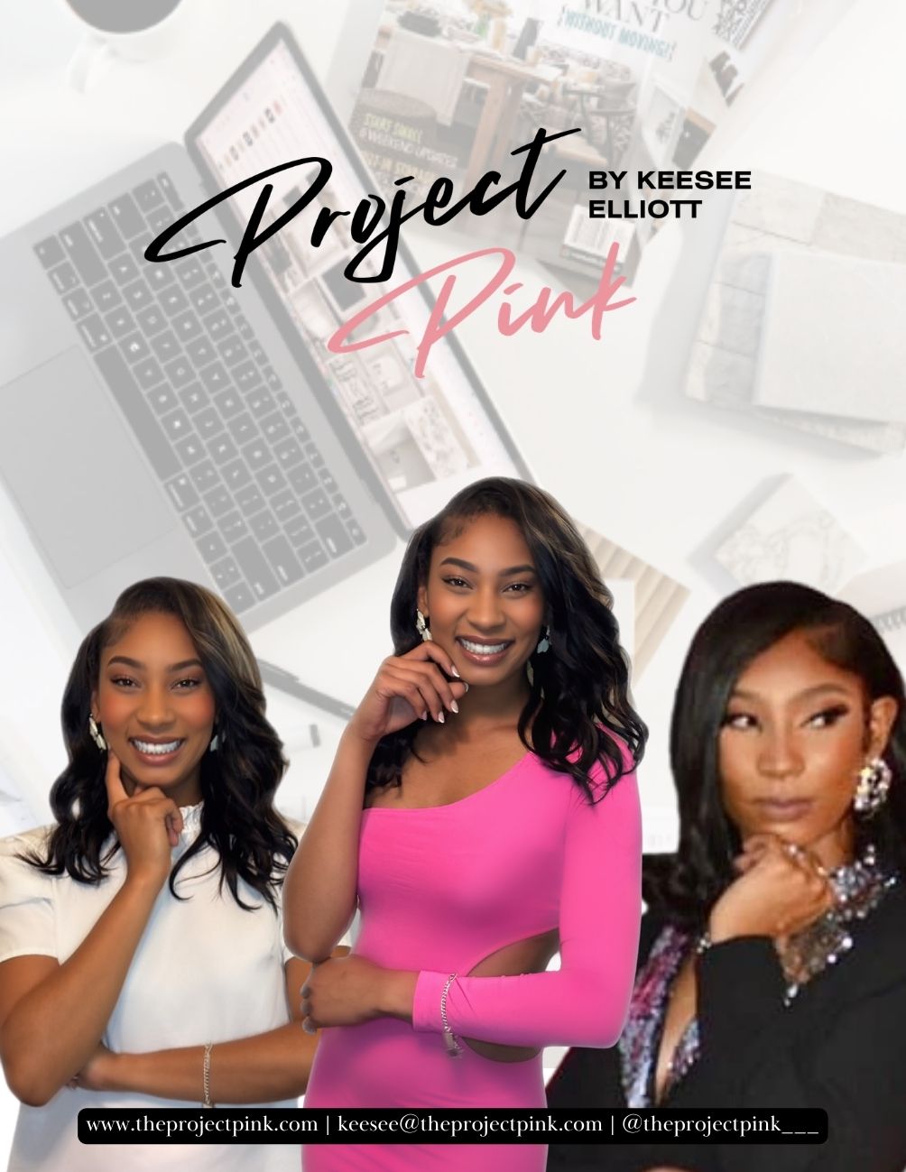 Book cover titled 'Project Pink' features three women smiling, with a background of laptops and papers.