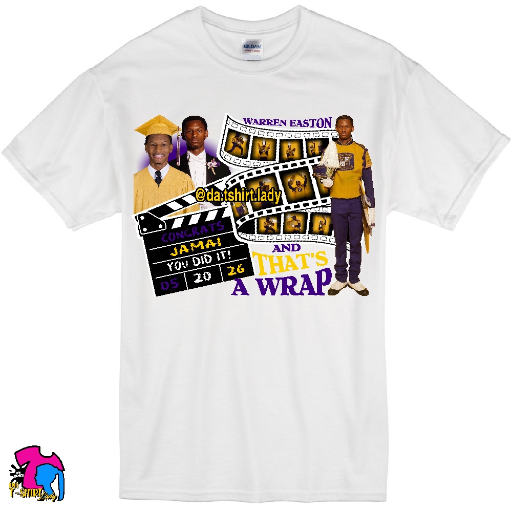 White T-shirt with images of three people, film strips, and text related to Warren Easton, Jamaica, and a wrap.