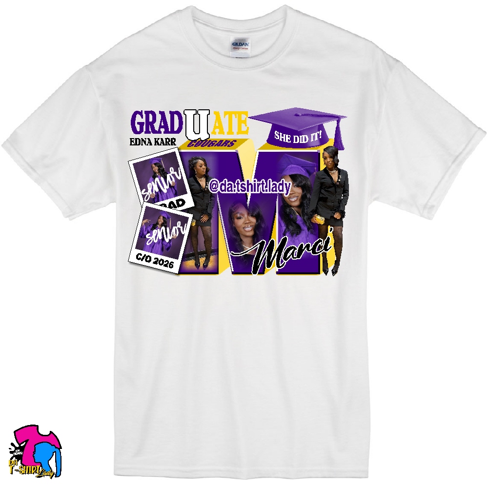 White T-shirt with purple, yellow, and black collage of graduation-themed images and text, including a cap, diploma, and group of women.