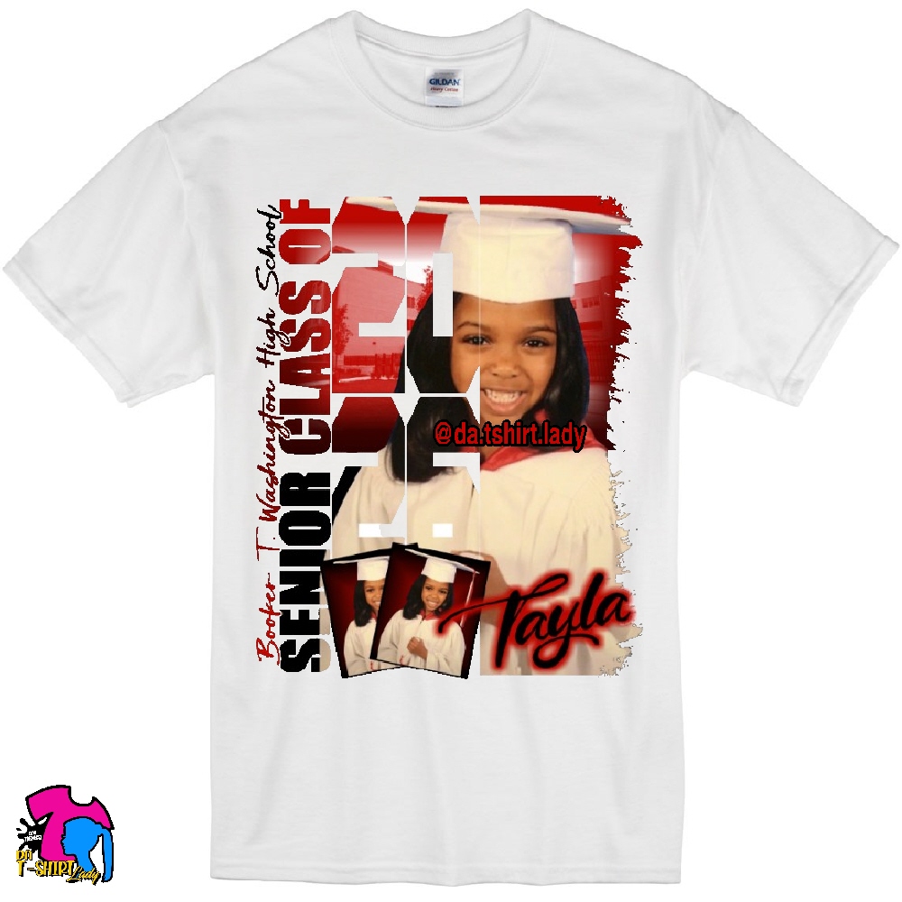White T-shirt with a photo of a girl wearing a chef's hat, surrounded by red and black text, and the name 'Nayla'.