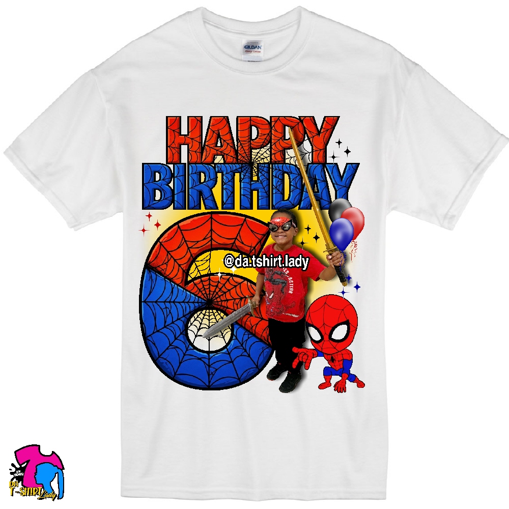 White T-shirt with Spider-Man, balloons, and birthday message, featuring a child in Spider-Man costume, colorful design, and text.