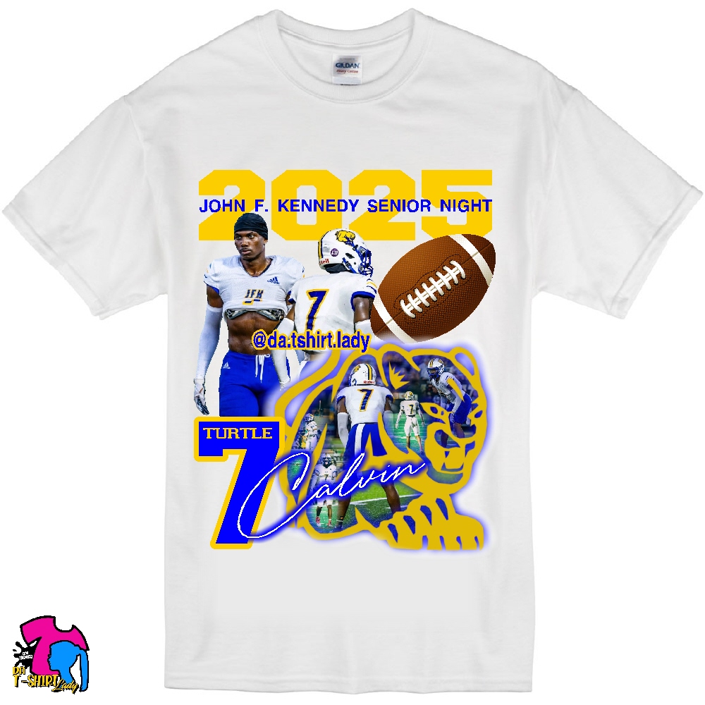 White T-shirt with football player, football, tiger mascot, and text in yellow and blue, celebrating Kennedy Senior Night.