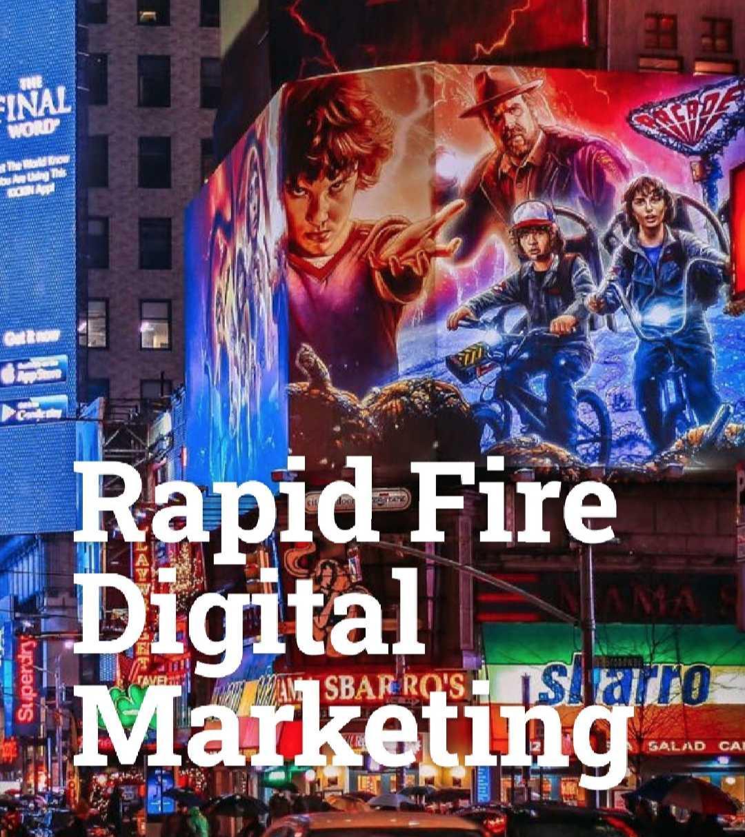 Billboard with characters from a sci-fi movie, bright lights, and city buildings in the background.