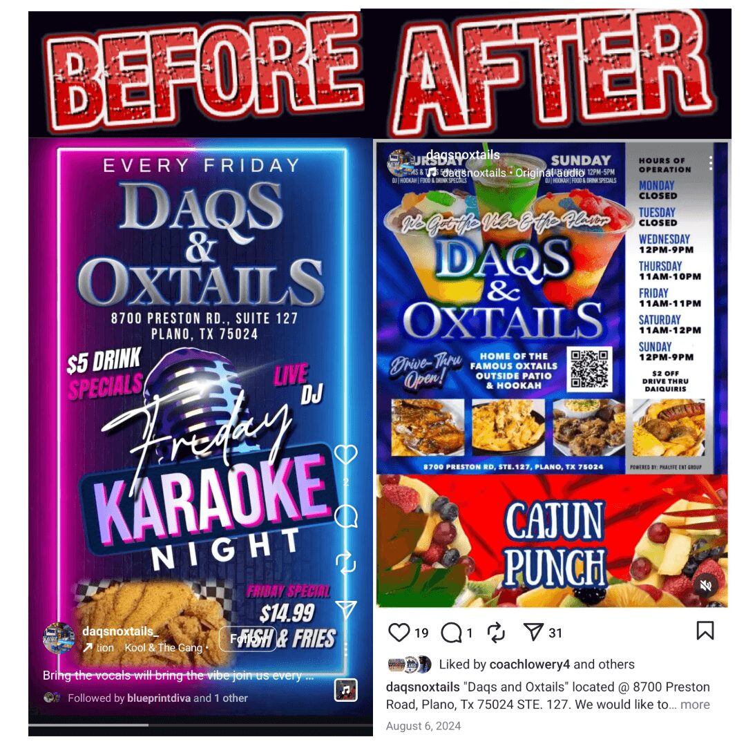 Event poster advertising karaoke night, DJ, and food specials with date and location details.