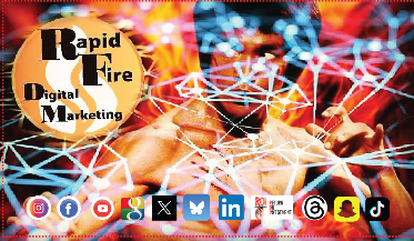 Person with hands raised, surrounded by colorful network lines and icons, promoting digital marketing and rapid fire concepts.