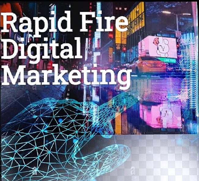 Digital illustration of a hand with a wireframe design reaching towards a cityscape with bright lights and screens, with text about digital marketing.