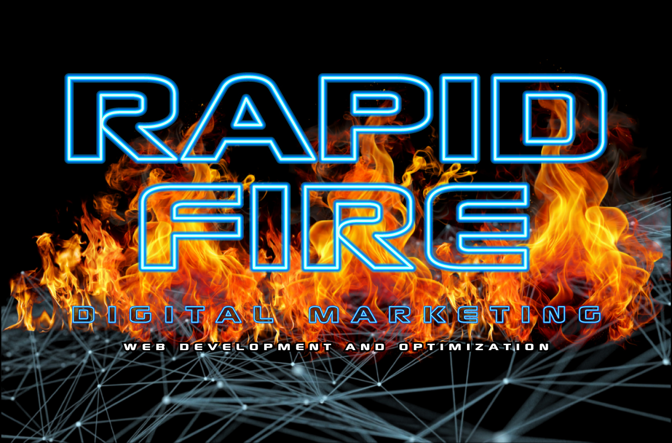 Text 'RAPID FIRE' with flames and digital network background, and smaller text 'DIGITAL MARKETING' and 'WEB DEVELOPMENT AND OPTIMIZATION'.