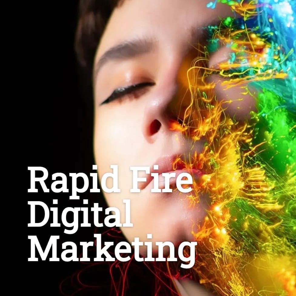 Close-up of a person's face with eyes closed, colorful abstract light effects on the right side, text overlay about digital marketing.